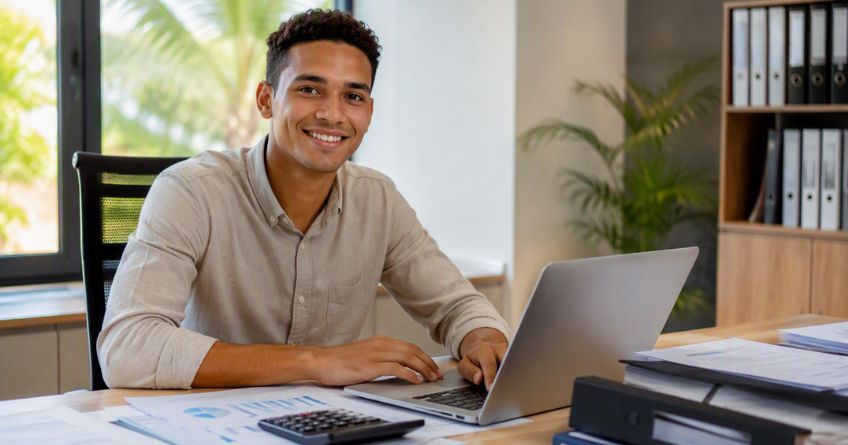 Apprenti assistant comptable souriant travaillant sur ordinateur portable en alternance BTS CG à La Réunion